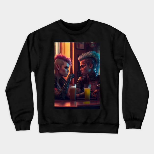 Cyberpunk Lovers in a Bar Crewneck Sweatshirt by Cyber Punks AI